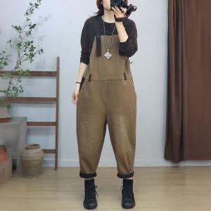 High Waist Loose Cotton Plain Bib Overalls