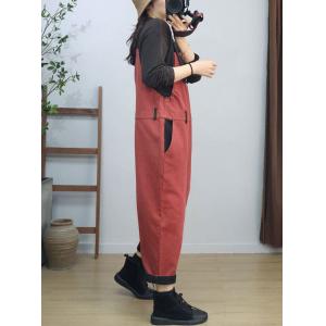 High Waist Loose Cotton Plain Bib Overalls