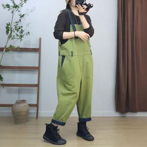 High Waist Loose Cotton Plain Bib Overalls