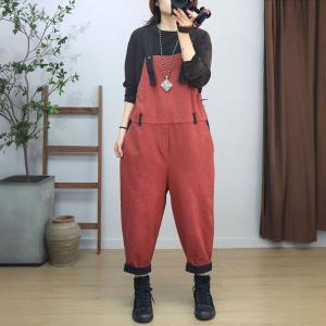 High Waist Loose Cotton Plain Bib Overalls