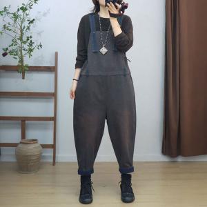 High Waist Loose Cotton Plain Bib Overalls