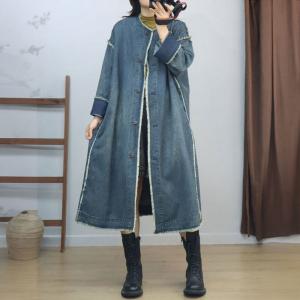 Raw Hem Fringed Long Sleeve  Midi Denim Coat