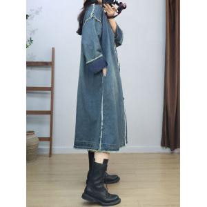 Raw Hem Fringed Long Sleeve  Midi Denim Coat