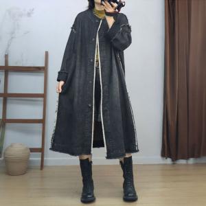 Raw Hem Fringed Long Sleeve  Midi Denim Coat