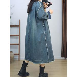 Raw Hem Fringed Long Sleeve  Midi Denim Coat