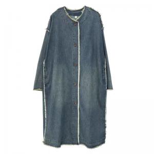 Raw Hem Fringed Long Sleeve  Midi Denim Coat