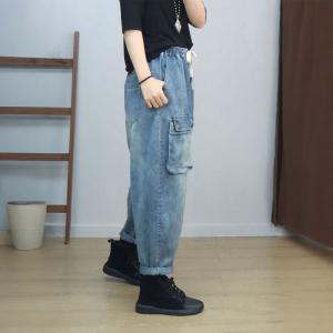 Flap Pocket Drawstring Waist Baggy Boyfriend Jeans