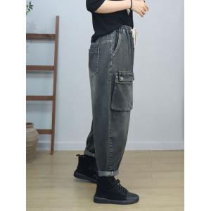 Flap Pocket Drawstring Waist Baggy Boyfriend Jeans