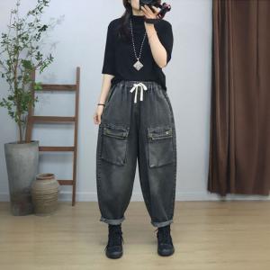 Flap Pocket Drawstring Waist Baggy Boyfriend Jeans