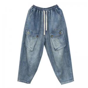 Flap Pocket Drawstring Waist Baggy Boyfriend Jeans