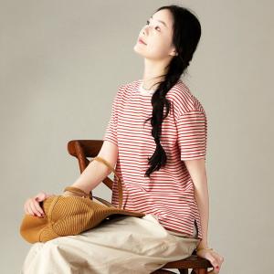 Embroidery Minimalist Cotton Short Sleeves Striped T-shirt