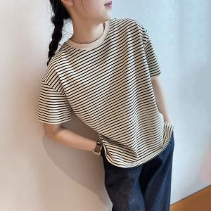 Embroidery Minimalist Cotton Short Sleeves Striped T-shirt