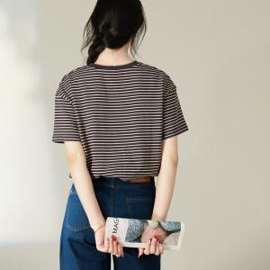 Embroidery Minimalist Cotton Short Sleeves Striped T-shirt