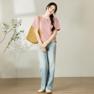 Embroidery Minimalist Cotton Short Sleeves Striped T-shirt