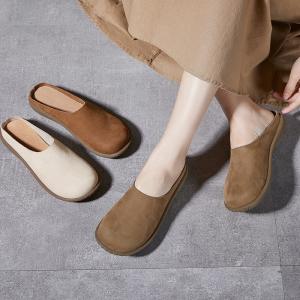 Cozy Cowhide Leather Wide Toe Slippers