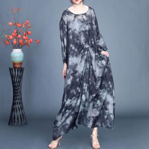 Ink and Wash Crew Neck Silk Linen Winery Dress