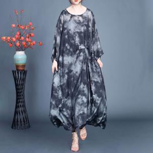 Ink and Wash Crew Neck Silk Linen Winery Dress