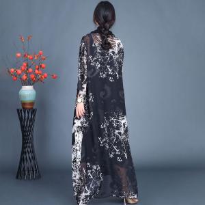 White Printed Black Heap Collar Modest Dress