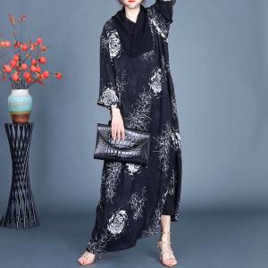 White Printed Black Heap Collar Modest Dress