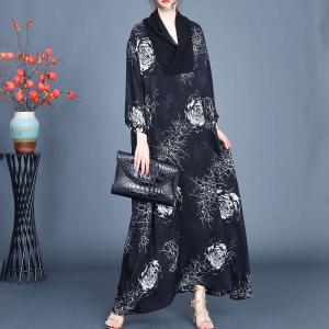 White Printed Black Heap Collar Modest Dress