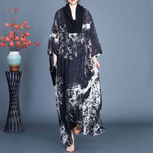 White Printed Black Heap Collar Modest Dress