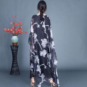 White Flowers V-Neck Silk Caftan Dress