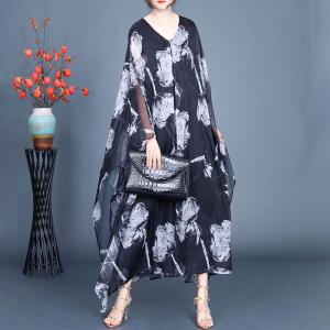 White Flowers V-Neck Silk Caftan Dress