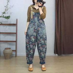 Denim Pocket Colorful Printed Adjustable Straps Overalls