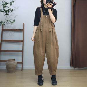 Casual Style High Waist Plain Cotton Dungarees