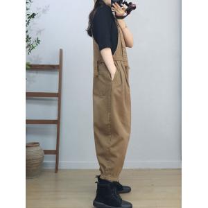 Casual Style High Waist Plain Cotton Dungarees