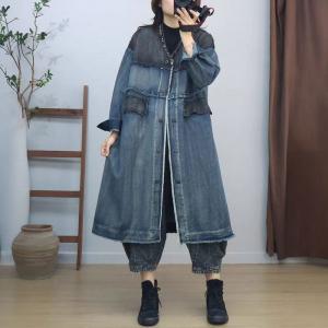 Blue Contrast V-Neck Fringed Jean Coat