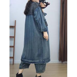 Blue Contrast V-Neck Fringed Jean Coat