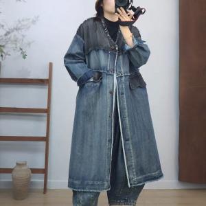 Blue Contrast V-Neck Fringed Jean Coat