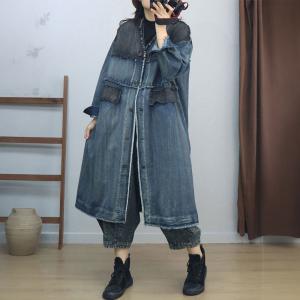 Blue Contrast V-Neck Fringed Jean Coat