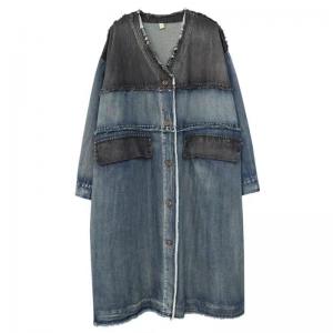 Blue Contrast V-Neck Fringed Jean Coat