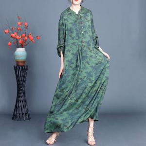 Green Printed Tassel Silk Modern Qipao Dress