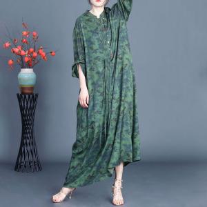 Green Printed Tassel Silk Modern Qipao Dress