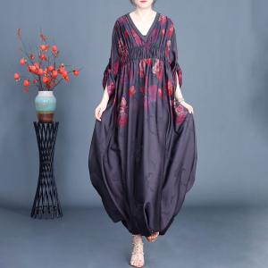 Red Flowers Silk V-Neck Empire Waist Dress