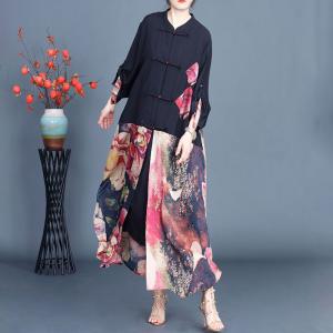 Chinese Pankou Colorful Flowers Eastern Slit Dress