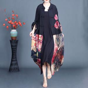 Chinese Pankou Colorful Flowers Eastern Slit Dress