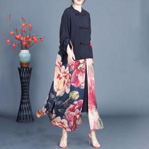 Chinese Pankou Colorful Flowers Eastern Slit Dress