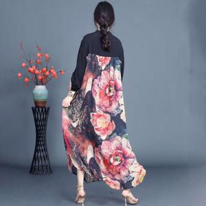 Chinese Pankou Colorful Flowers Eastern Slit Dress
