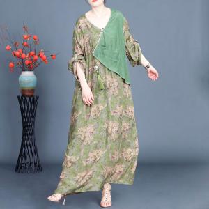 Tassel Decoration Layering Loose Floral Green Dress