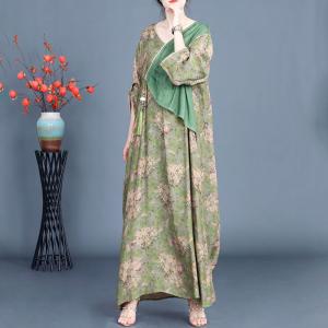 Tassel Decoration Layering Loose Floral Green Dress