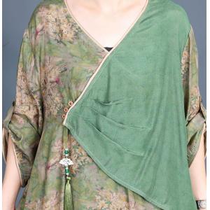 Tassel Decoration Layering Loose Floral Green Dress