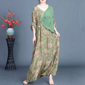 Tassel Decoration Layering Loose Floral Green Dress