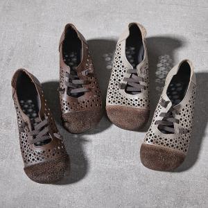 Hollow Out Leather Wide Toe Flats