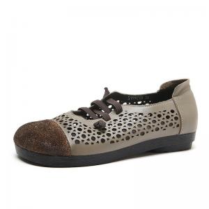 Hollow Out Leather Wide Toe Flats