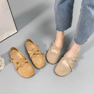 Double Buckles Round Toe Suede Flats