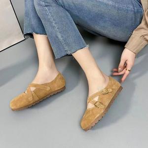 Double Buckles Round Toe Suede Flats